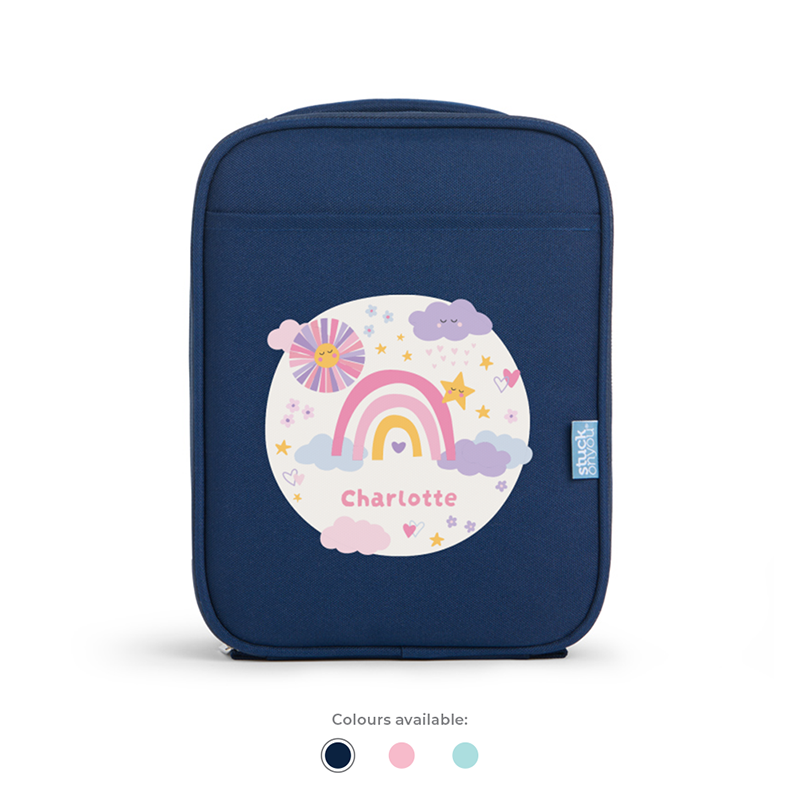 navy lunch bag cooler with custom unicorn design and personalised kids name