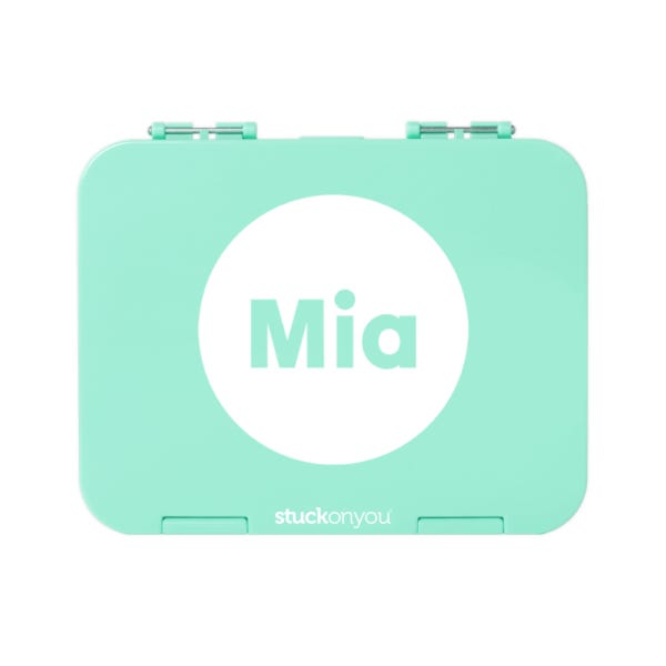 light green bento lunch box for school, daycare, kinder and sporting events. Comes with white circle print and personalised name.