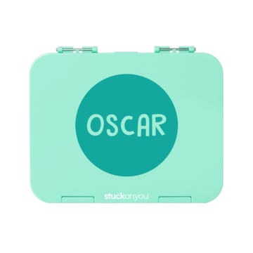 Kids large green lunch box with personalised circle design print for school, kinder, daycare and outdoor fun.