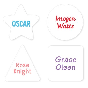 basic geometric name label in assorted shapes