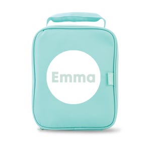 lunch box cooler bag in seafoam green colour with white circle print personalised with the name Emma